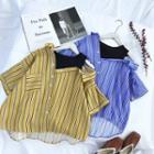 Mock Two-piece Open Shoulder Pinstripe Short-sleeve Blouse