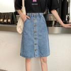 High-waist Denim Button Midi A-line Skirt