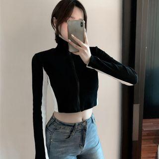 Two Tone Zip Knit Cropped Jacket