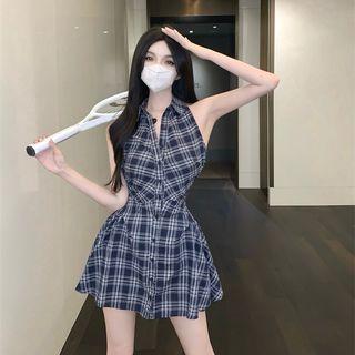 Set: Plaid Sleeveless Collared Top + Mini A-line Skirt