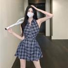 Set: Plaid Sleeveless Collared Top + Mini A-line Skirt