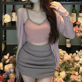 Contrast Trim Cropped Camisole Top / Drawstring Mini Pencil Skirt / Long-sleeve Cardigan