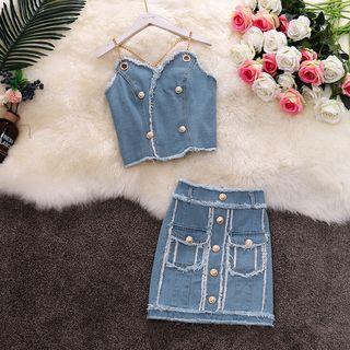 Set: Open Back Denim Camisole Top + Denim Skirt