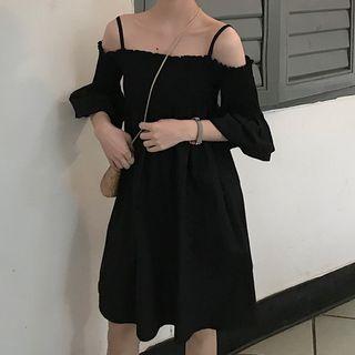 Off-shoulder Spaghetti Strap Ruffle Sleeve Mini A-line Dress