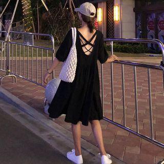 Elbow-sleeve Open Back A-line T-shirt Dress Black - One Size