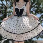 Spaghetti-strap Ribbon Print A-line Dress Black & White - One Size