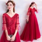 Bell-sleeve V-neck Mesh A-line Evening Gown