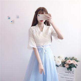 Embroidered Elbow-sleeve Blouse / Mesh Midi A-line Skirt / Set