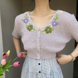 Floral Embroidered Crochet-knit Cropped Cardigan