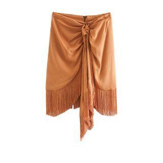 Asymmetric Shirred Fringed Mini Pencil Skirt
