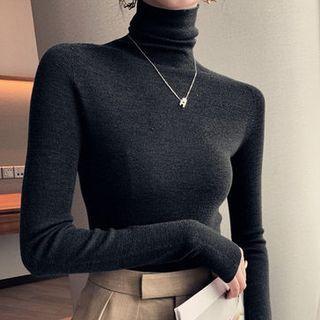 High-neck Long-sleeve Plain Ruffled Trim Top