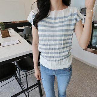 Cap-sleeve Pleated Stripe Knit Top