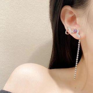 Rhinestone Chain Drop Earring 1 Pair - Silver & Purple - One Size