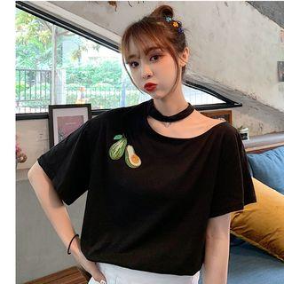 Short-sleeve Embroidered Choker Neck T-shirt