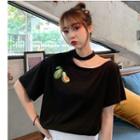 Short-sleeve Embroidered Choker Neck T-shirt