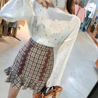 Set: Pointelle Summer Sweater + Flounced Plaid Miniskirt