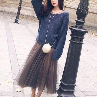 Set: Cable-knit Sweater + Long-sleeve Midi A-line Mesh Dress + Slipdress