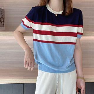 Short-sleeve Colored Stripe T-shirt Stripe - Navy Blue & Red & Light Blue - One Size