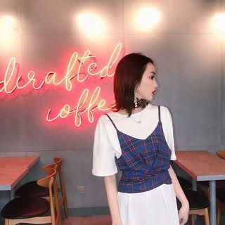 Set : Plaid Spaghetti Strap Top + Short-sleeve T-shirt Dress