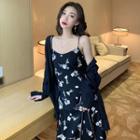 Spaghetti Strap Midi Floral Dress / Long-sleeve Blouse