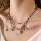 Faux Pearl Stainless Steel Pendant Layered Choker X714 - Silver - One Size