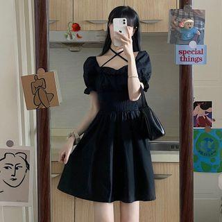 Square-neck Cross-strap Ruched Short-sleeve Dress