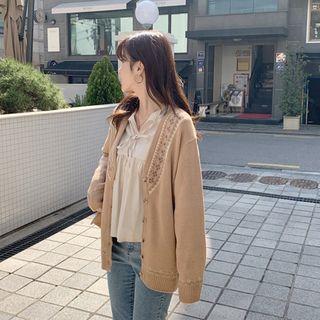 V-neck Patterned Loose-fit Cardigan Dark Beige - One Size