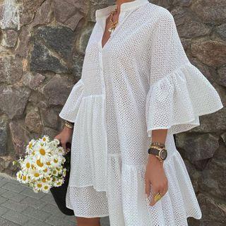 Eyelet Lace Flared-sleeve Shift Dress