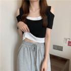 Mock Two-piece Short-sleeve Cold-shoulder Cropped T-shirt