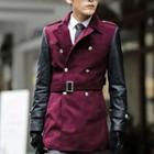 Faux Leather Sleeve Double-breasted Coat