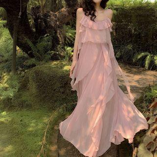 Spaghetti Strap Ruffle Maxi A-line Dress