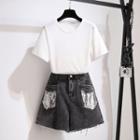 Short-sleeve T-shirt / Sequined Pocket Denim Shorts