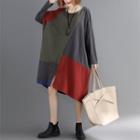 Color Block Long-sleeve T-shirt Dress As Shown In Figure - One Size