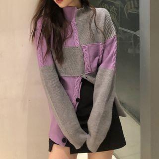 Paneled Cardigan Grayish Purple - One Size