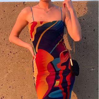Spaghetti Strap Print Mesh Midi Dress