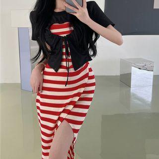 Short-sleeve Heart Cut-out T-shirt / Spaghetti-strap Striped Midi Sheath Dress