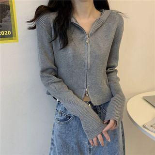Hooded Zip Cropped Knit Cardigan