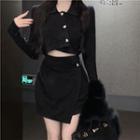 Set: Long-sleeve Collared Crop Top + Mini Pencil Skirt Set Of 2 - Top & Skirt - Black - One Size