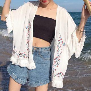 Fringe Trim Embroidered Open-front Jacket
