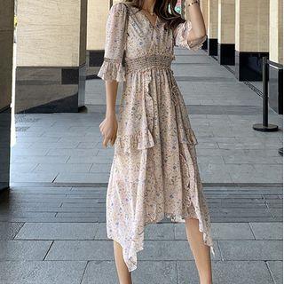 Long-sleeve Floral Print Irregular A-line Midi Dress