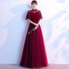 Elbow-sleeve Lace-panel A-line Evening Gown