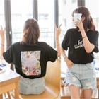 Elbow-sleeve Printed-back Lettering T-shirt