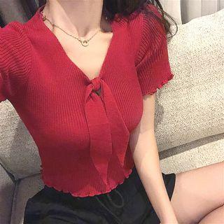 Short Sleeve Bow Front V-neck Top