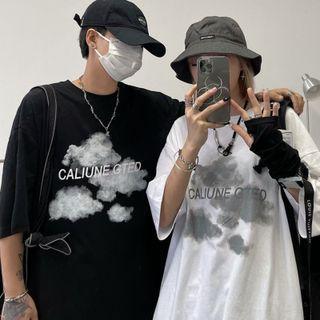 Couple Matching Elbow-sleeve Cloud Print T-shirt