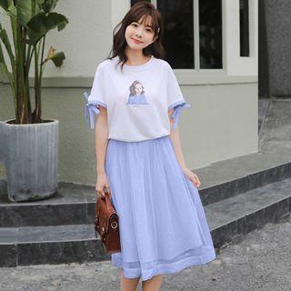 Set: Short-sleeve Print T-shirt + Midi A-line Skirt