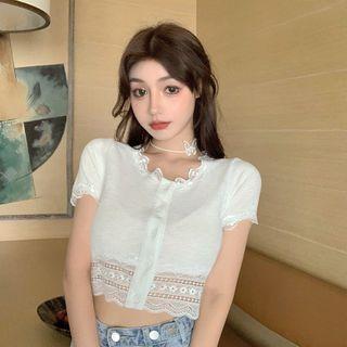 V Collar Lace Knit Short-sleeved Top