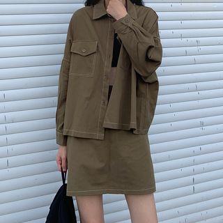 Set: Long-sleeve Stitched Trim Shirt + A-line Mini Skirt