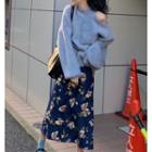 Cold-shoulder Plain Knit Sweater / Floral Printed Corduroy Midi Skirt