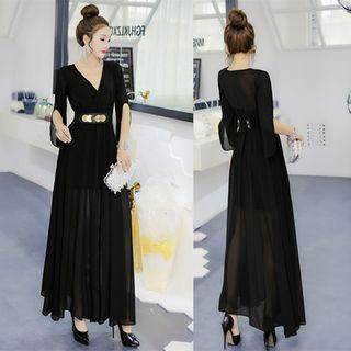 A-line Maxi Chiffon Dress With Belt