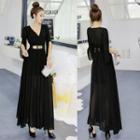 A-line Maxi Chiffon Dress With Belt